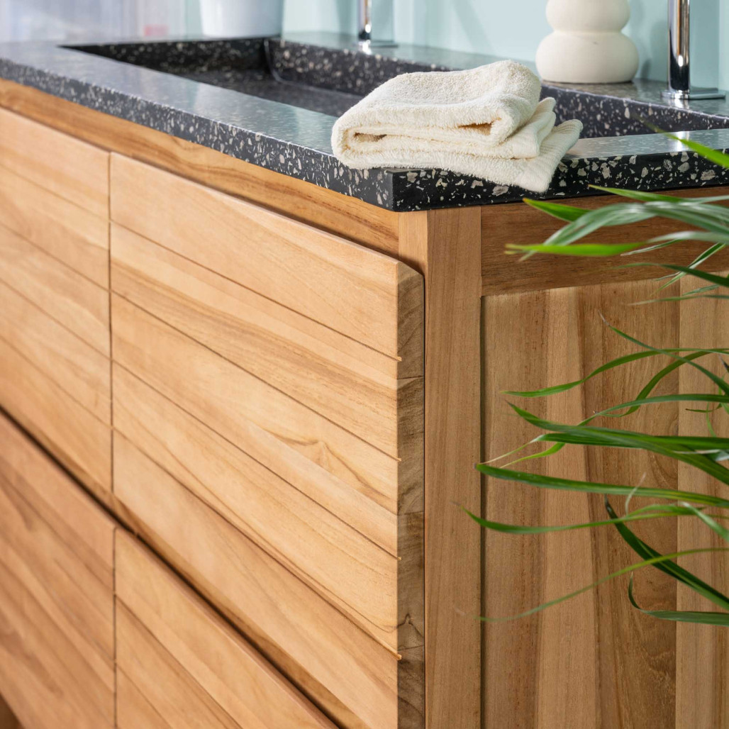 Meuble salle de bain en teck et terrazzo noir Toni 120cm - Salle de bain - Wanda collection