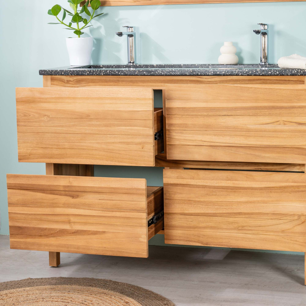 Meuble salle de bain en teck et terrazzo noir Toni 120cm - Salle de bain - Wanda collection