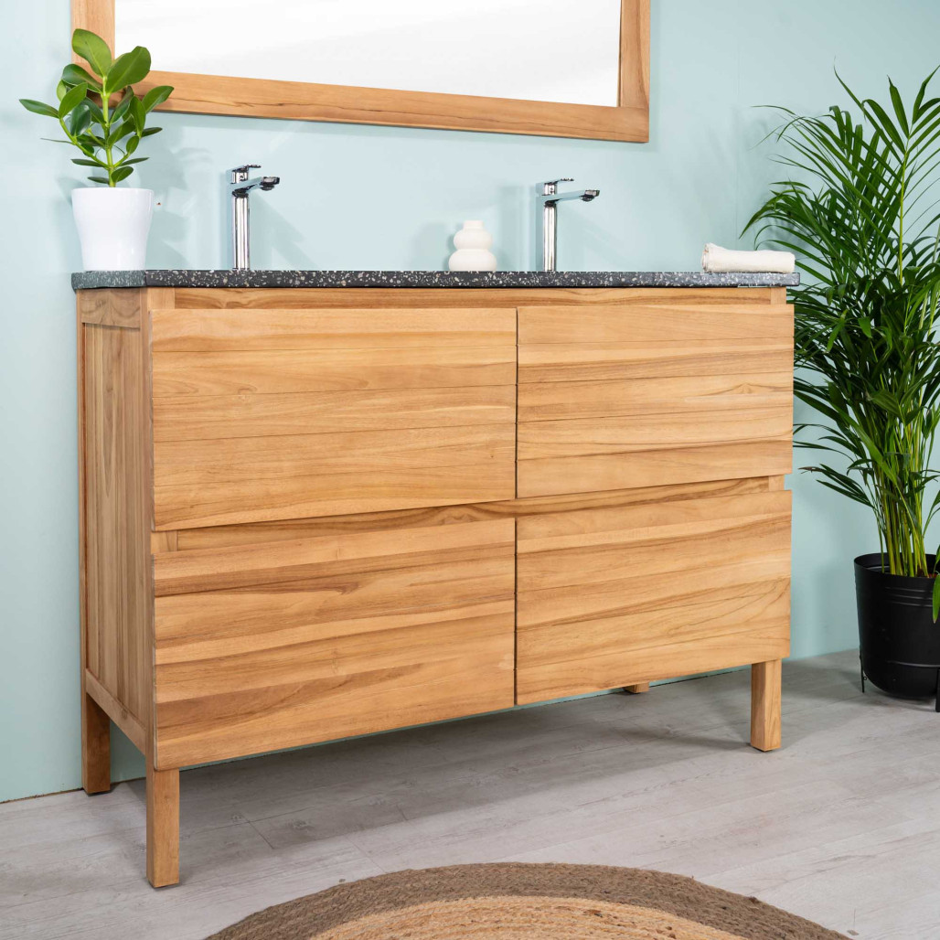 Meuble salle de bain en teck et terrazzo noir Toni 120cm - Salle de bain - Wanda collection
