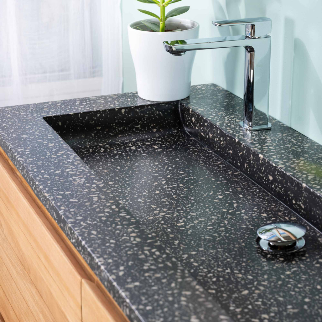 Meuble salle de bain en teck et terrazzo noir Toni 120cm - Salle de bain - Wanda collection