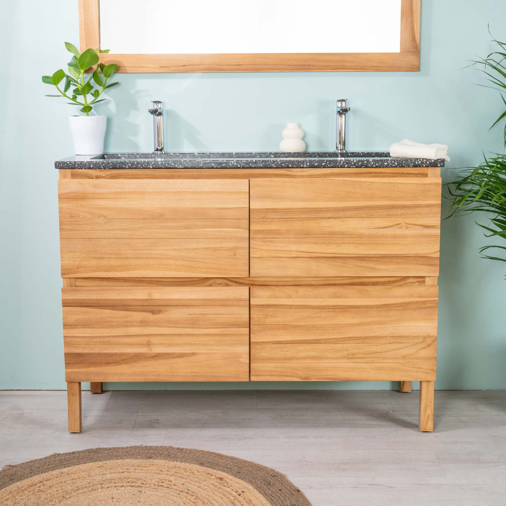 Meuble salle de bain en teck et terrazzo noir Toni 120cm - Salle de bain - Wanda collection