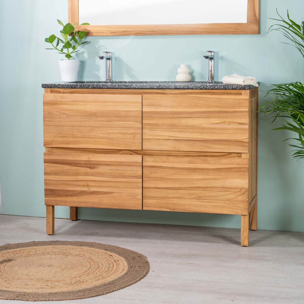 Meuble salle de bain en teck et terrazzo noir Toni 120cm