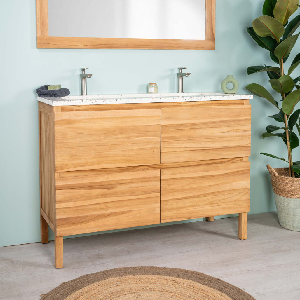 Meuble salle de bain en teck et terrazzo crème Toni 120cm - Salle de bain - Wanda collection Meuble salle de bain en teck et terrazzo crème Toni 120cm - Salle de bain - Wanda collection