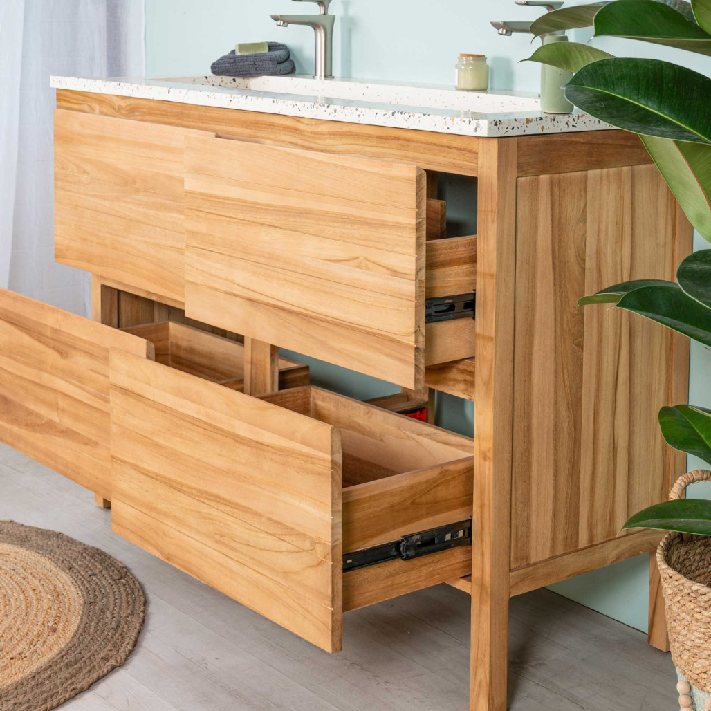 Meuble salle de bain en teck et terrazzo crème Toni 120cm - Salle de bain - Wanda collection Meuble salle de bain en teck et terrazzo crème Toni 120cm - Salle de bain - Wanda collection