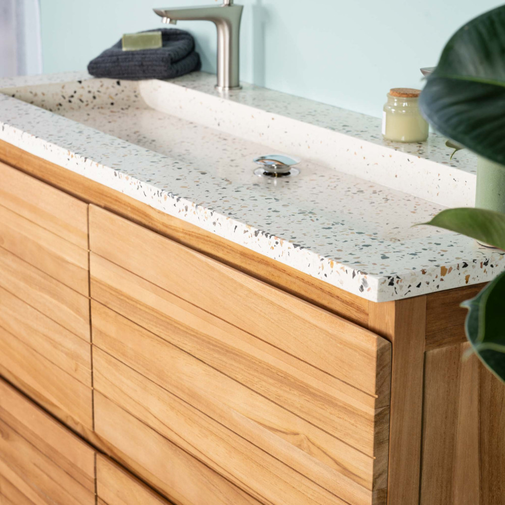 Meuble salle de bain en teck et terrazzo crème Toni 120cm - Salle de bain - Wanda collection Meuble salle de bain en teck et terrazzo crème Toni 120cm - Salle de bain - Wanda collection