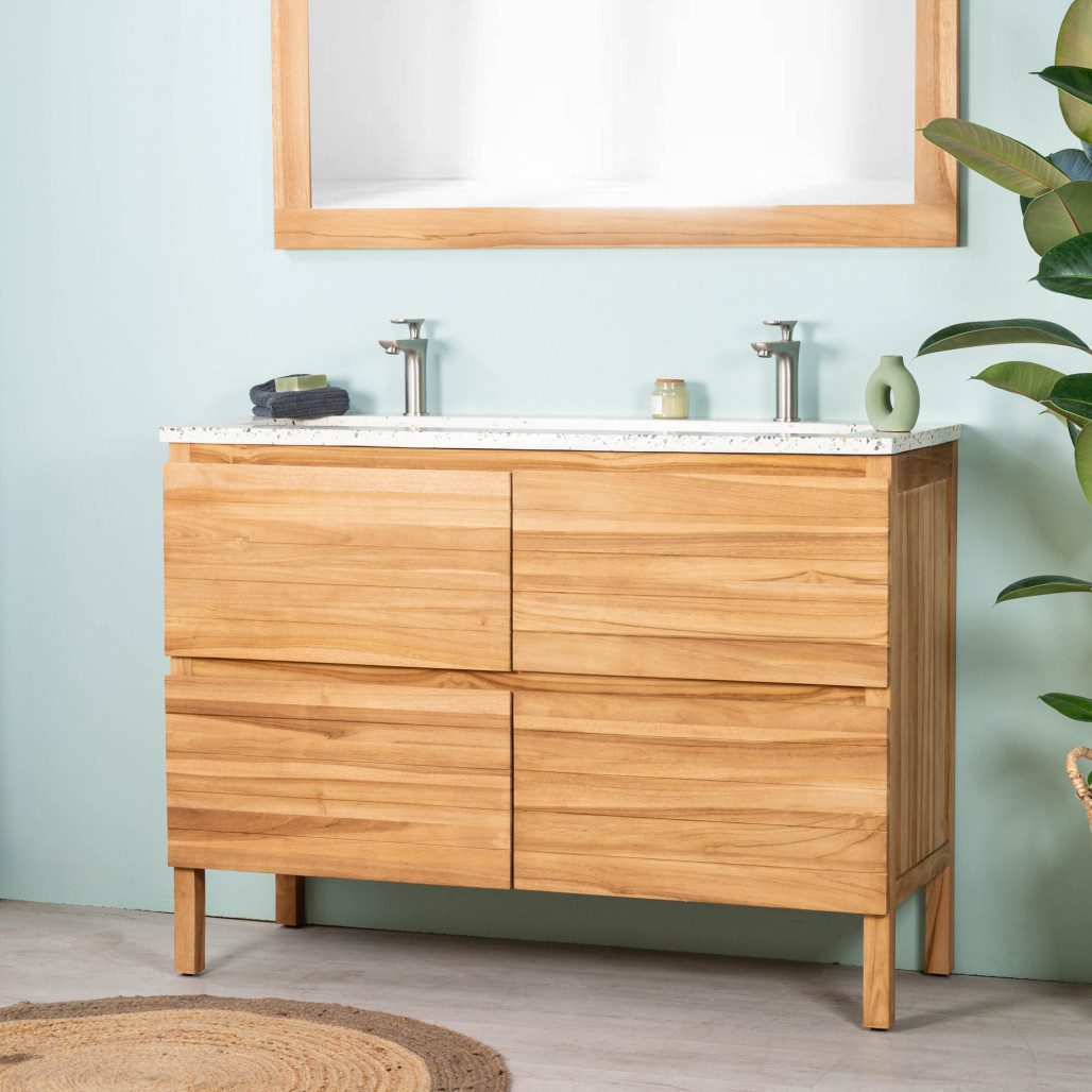 Meuble salle de bain en teck et terrazzo crème Toni 120cm - Salle de bain - Wanda collection Meuble salle de bain en teck et terrazzo crème Toni 120cm - Salle de bain - Wanda collection
