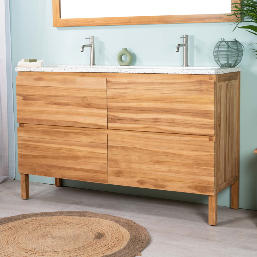 Meuble salle de bain en teck et terrazzo crème Toni 140cm - Wanda collection