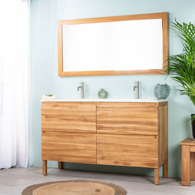 Meuble salle de bain en teck et terrazzo crème Toni 140cm