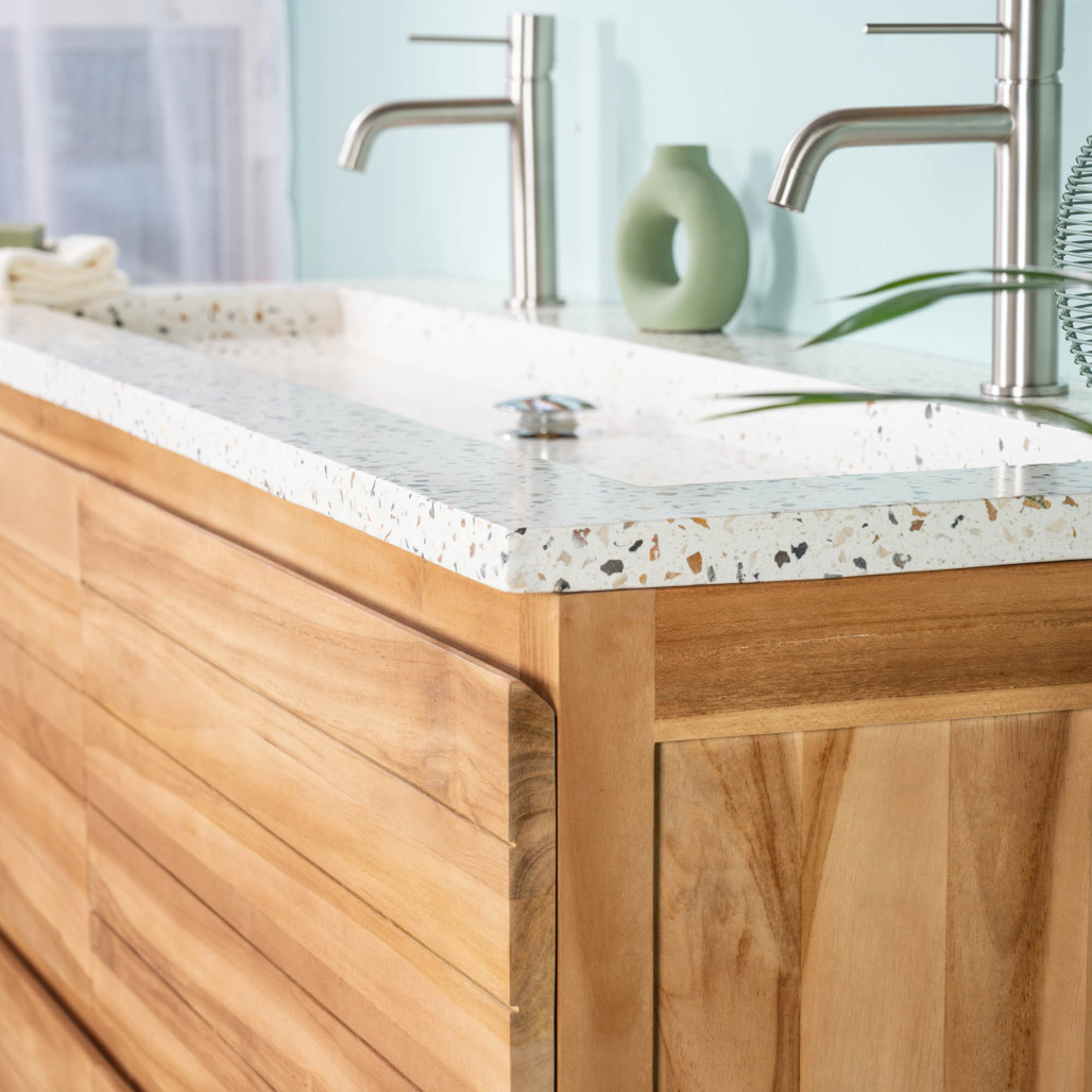 Meuble salle de bain en teck et terrazzo crème Toni 140cm - Wanda collection