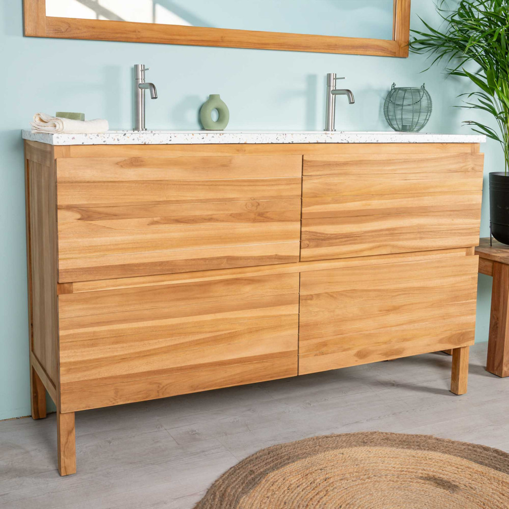 Meuble salle de bain en teck et terrazzo crème Toni 140cm - Wanda collection
