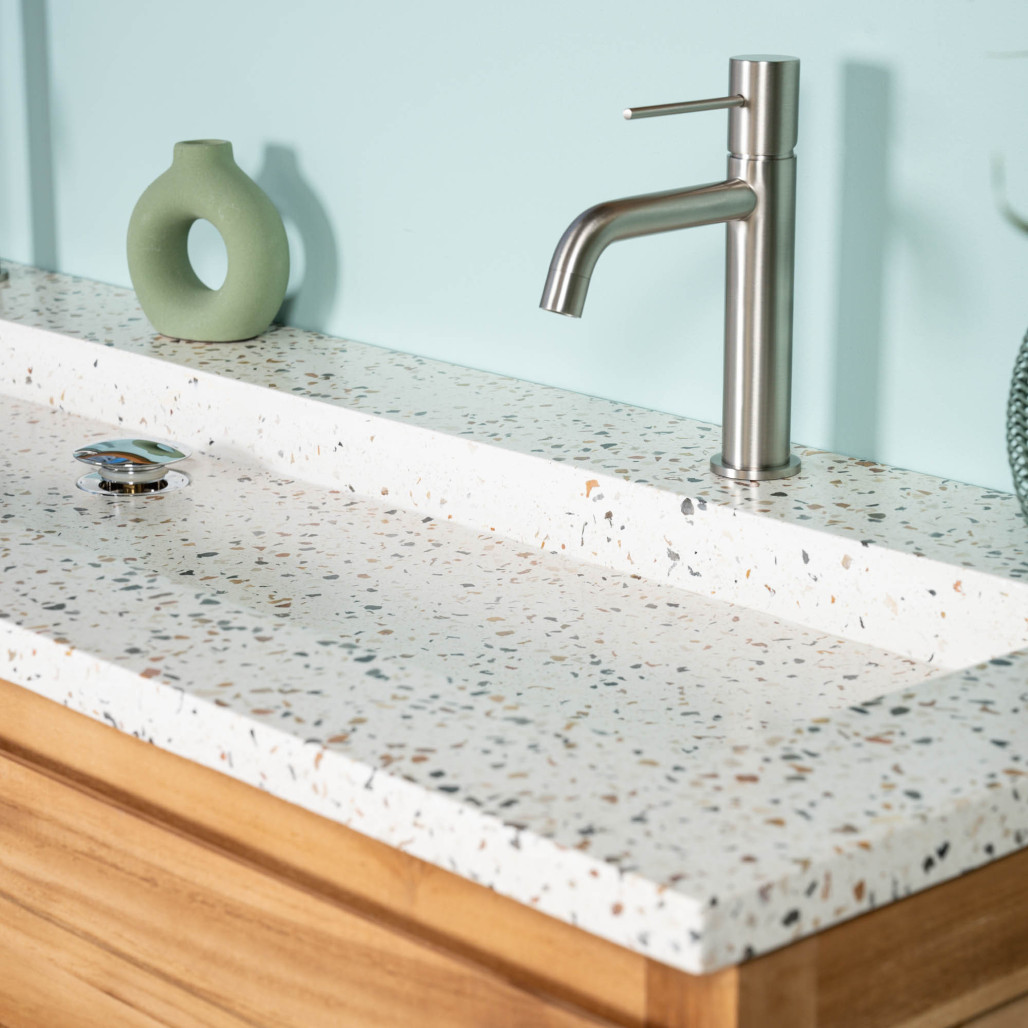 Meuble salle de bain en teck et terrazzo crème Toni 140cm - Wanda collection