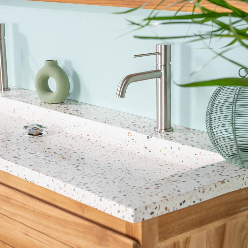 Meuble salle de bain en teck et terrazzo crème Toni 140cm - Wanda collection