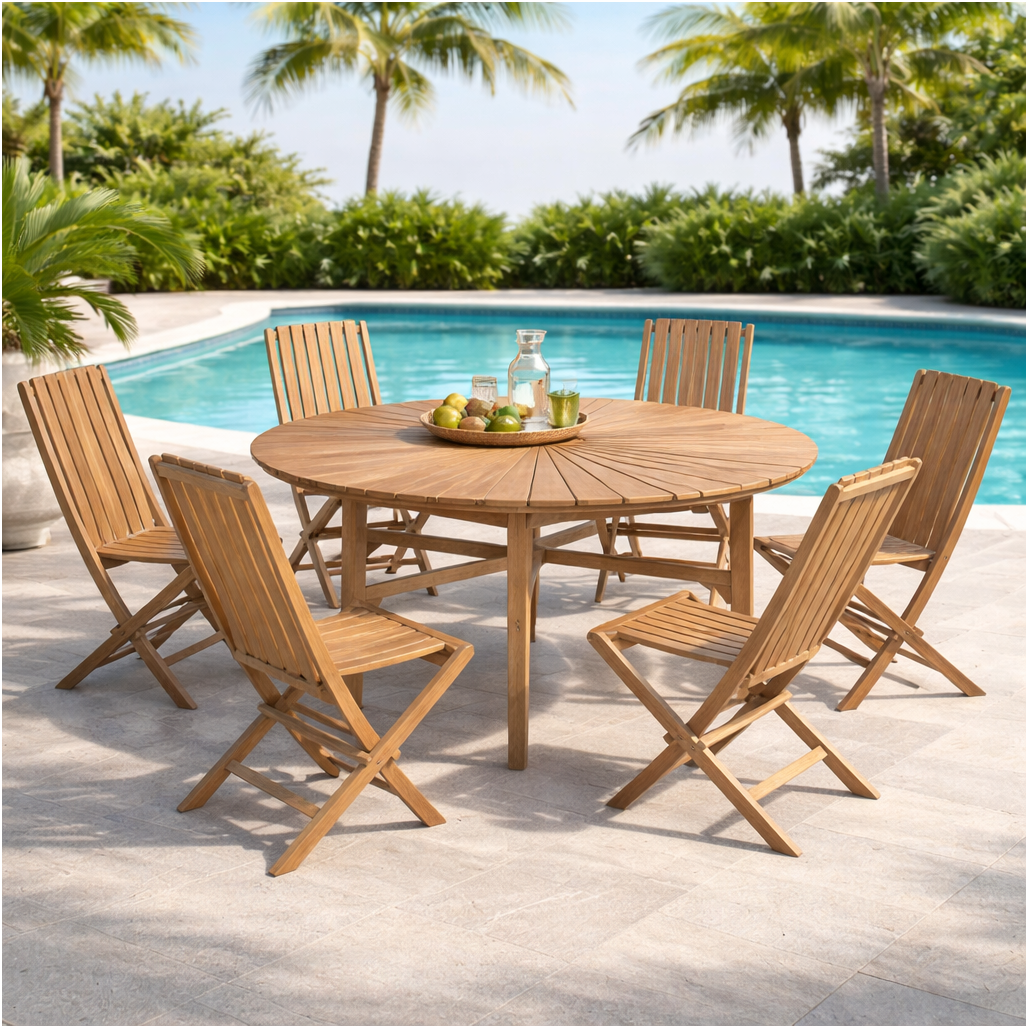 Ensemble table ronde en teck et 6 chaises pliantes Ensemble table ronde en teck et 6 chaises pliantes