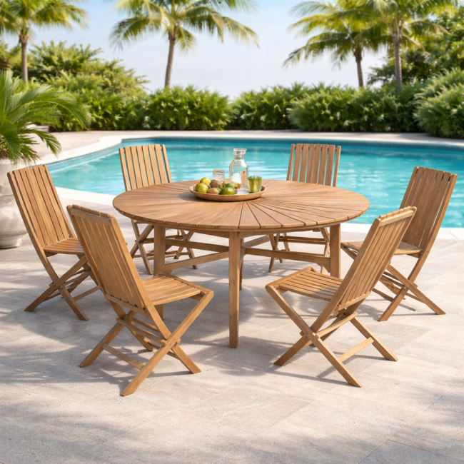 Ensemble table ronde en teck et 6 chaises pliantes