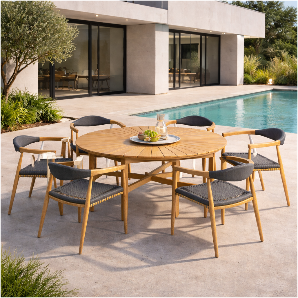Ensemble table ronde en teck et 6 fauteuils en teck et corde