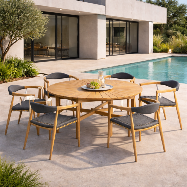 Ensemble table ronde en teck et 6 fauteuils en teck et corde