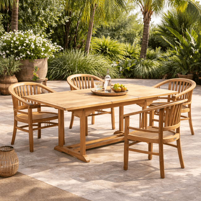 Ensemble table de jardin en teck Nina 160/210 et 4 fauteuils Romane - Wanda Collection
