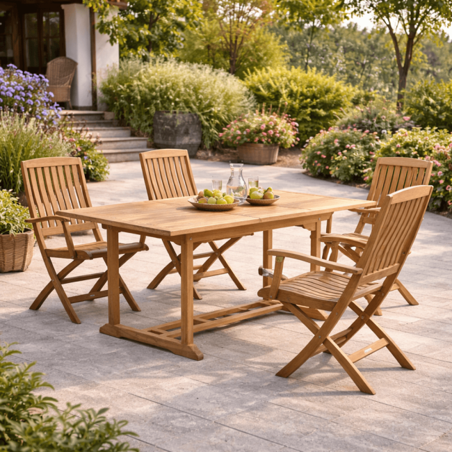 Ensemble table de jardin en teck Nina 160/210 et 4 fauteuils Lisato - Wanda Collection