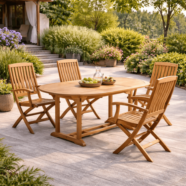 Ensemble table de jardin en teck ovale Nina 160/210 et 4 fauteuils Lisato - Wanda Collection