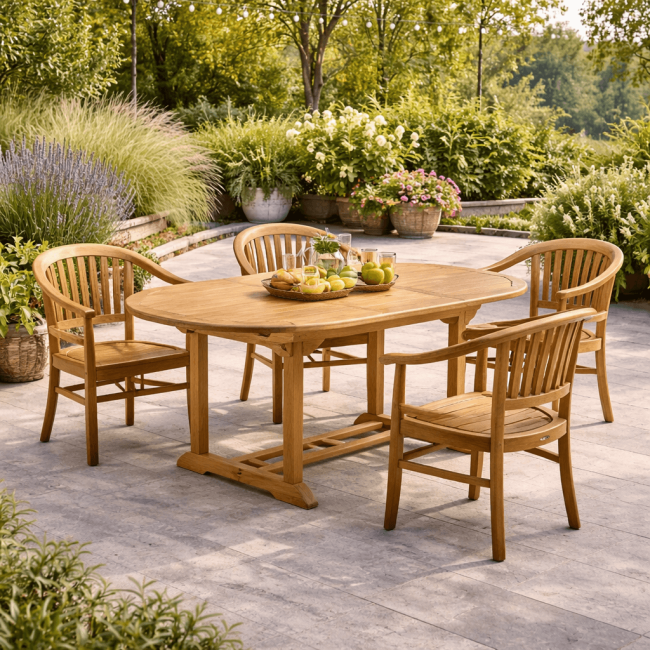 Ensemble table de jardin en teck ovale Nina 160/210 et 4 fauteuils Romane - Wanda Collection