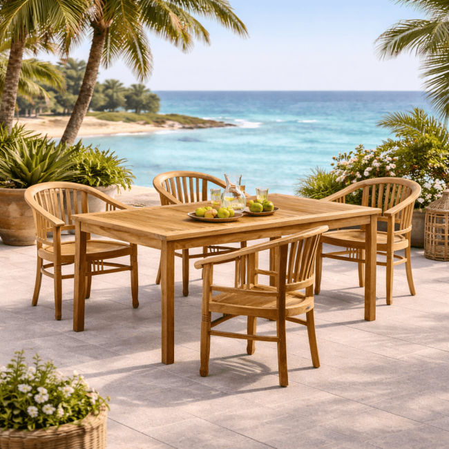 Ensemble table de jardin en teck Frida 150 et 4 fauteuils Romane - Wanda Collection