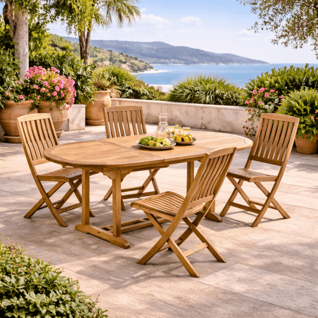 Ensemble table de jardin en teck ovale Nina 160/210 et 4 chaises Lisato - Wanda Collection