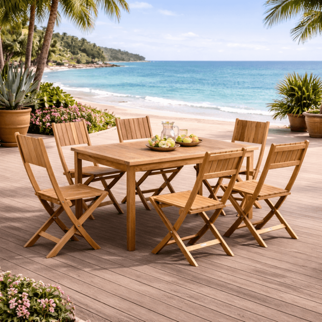 Ensemble table de jardin en teck Frida 150 et 6 chaises Tosca - Wanda Collection