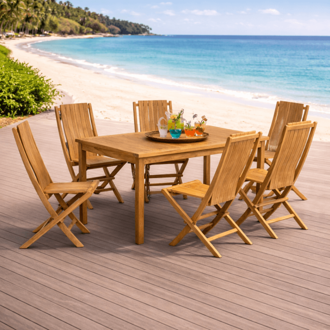 Ensemble table de jardin en teck Frida 150 et 6 chaises Helza - Wanda Collection