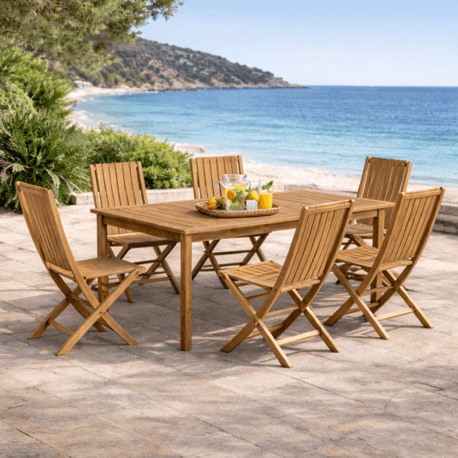 Ensemble table de jardin en teck Frida 200 et 6 chaises Helza - Wanda Collection