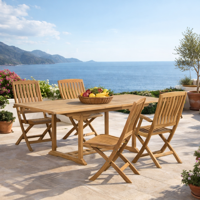 Ensemble table de jardin en teck Nina 160/210 et 4 chaises Lisato - Wanda Collection