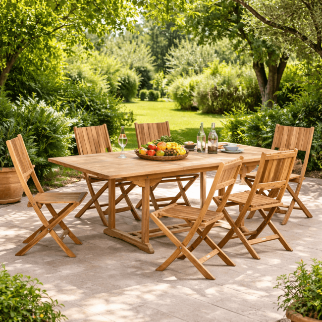 Ensemble table de jardin en teck Nina 160/210 et 6 chaises Tosca - Wanda Collection