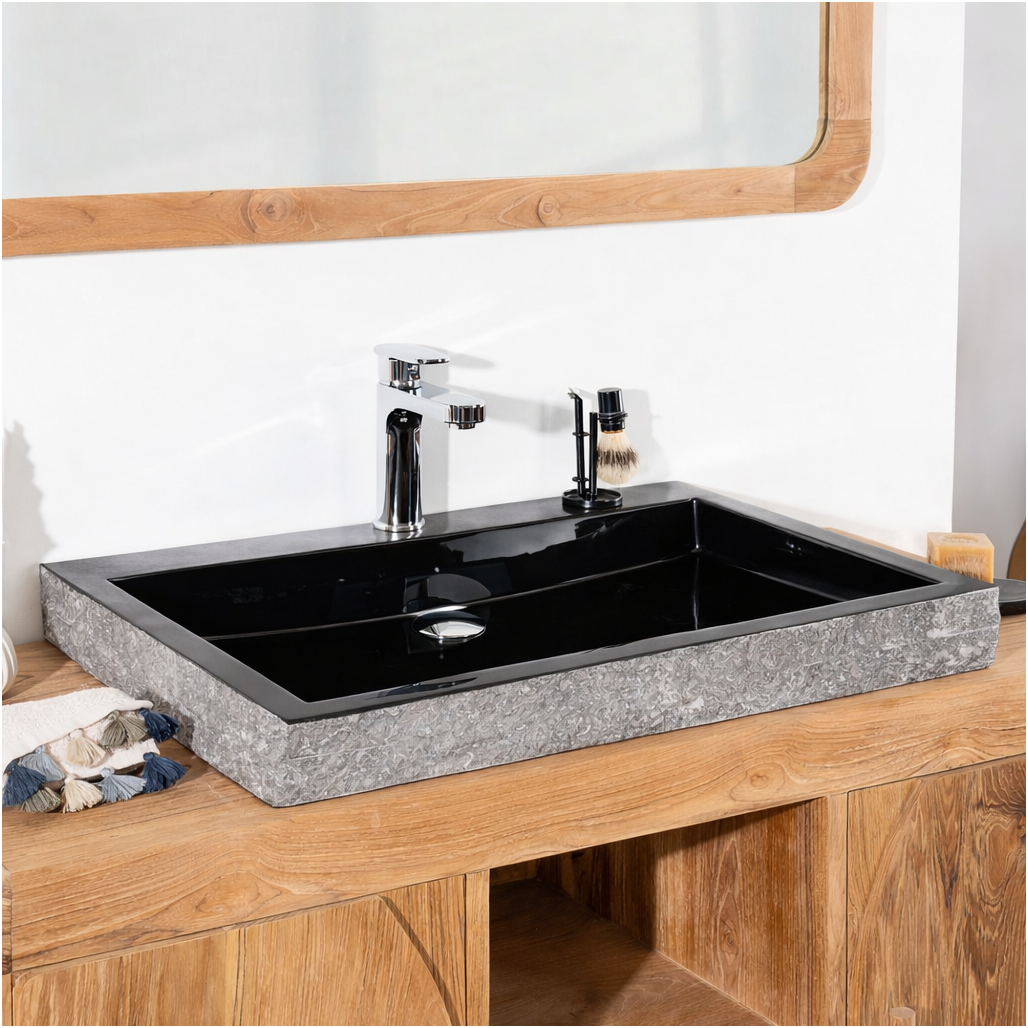 Grande vasque 70cm à poser rectangle en pierre marbre Cosy noir