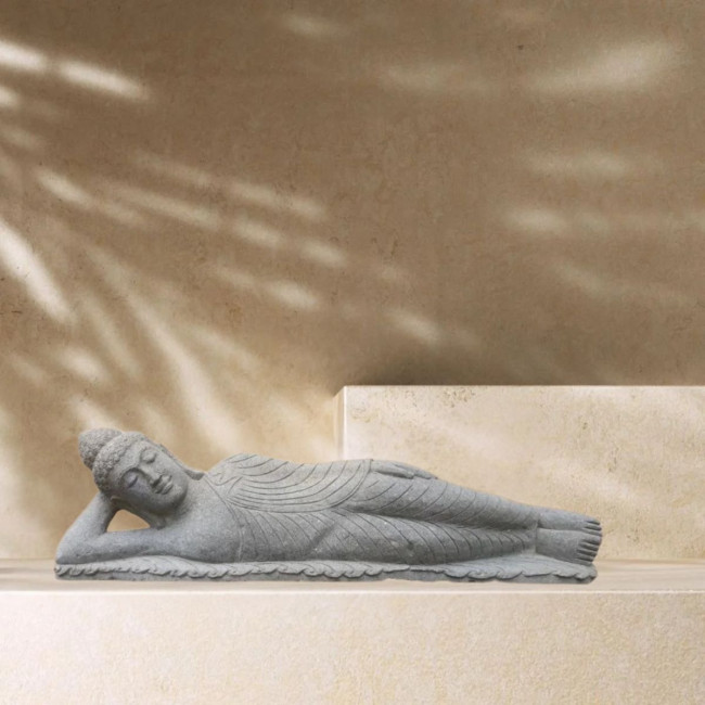 Statue bouddha allongé en pierre volcanique naturelle 1 m 20