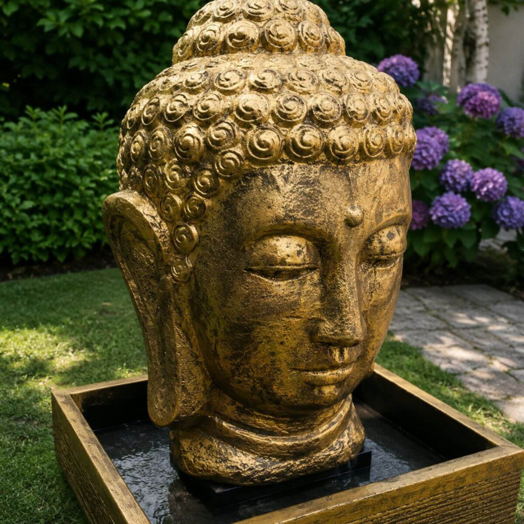 Fontaine de jardin tête de bouddha 1 m 30 doré Fontaine de jardin tête de bouddha 1 m 30 doré