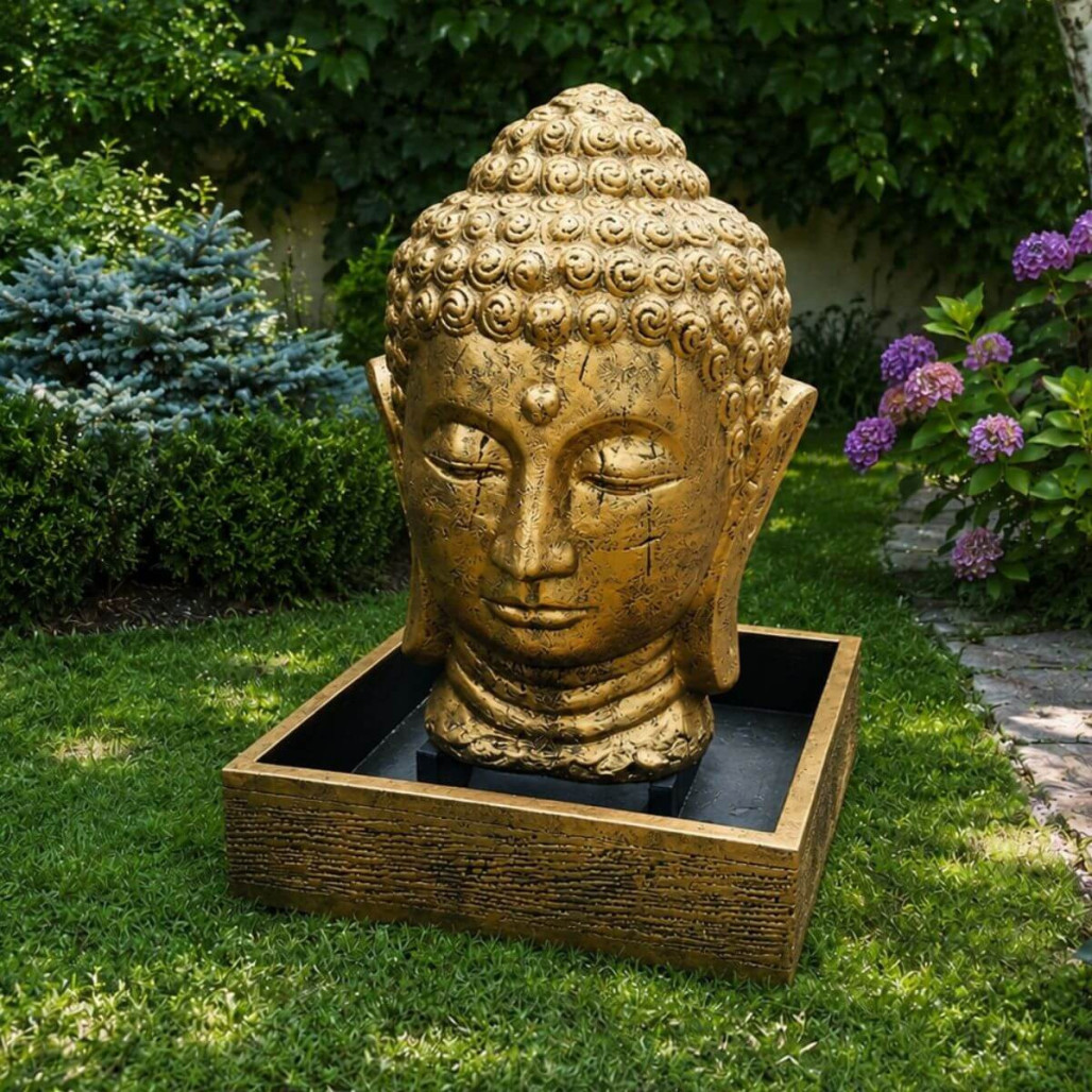 Fontaine de jardin tête de bouddha 1 m 30 doré Fontaine de jardin tête de bouddha 1 m 30 doré
