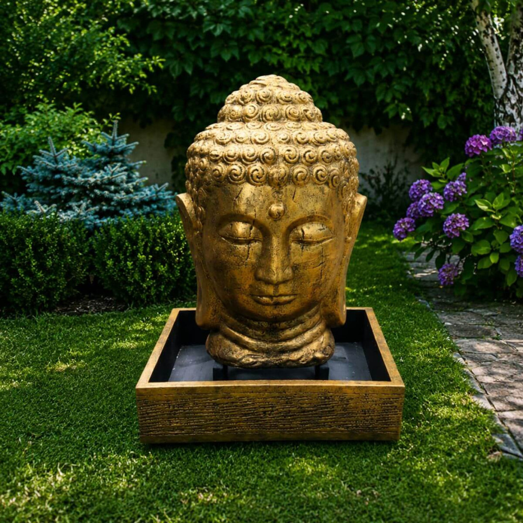 Fontaine de jardin tête de bouddha 1 m 30 doré Fontaine de jardin tête de bouddha 1 m 30 doré