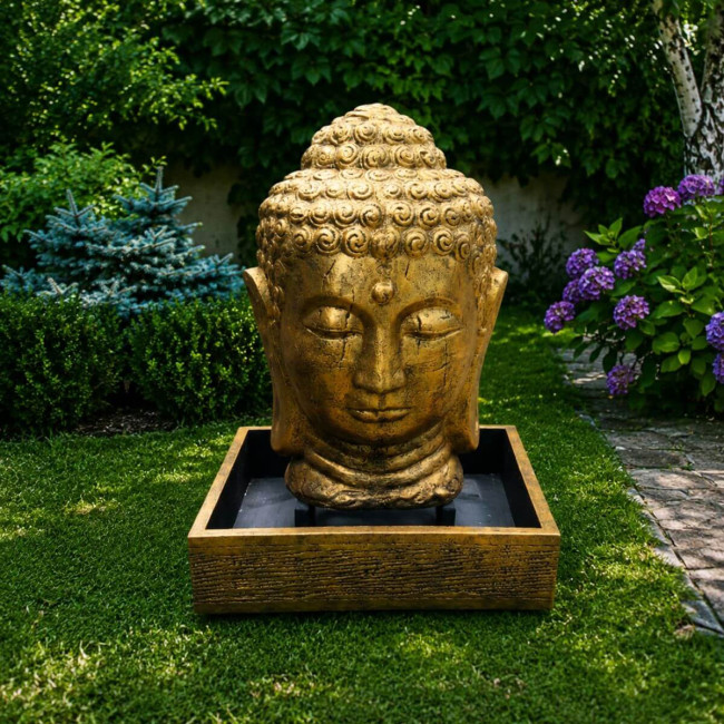 Fontaine de jardin tête de bouddha 1 m 30 doré
