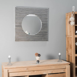 Espejo art déco cuadrado de madera con pátina plateada 80 x 80 cm