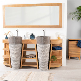 Mueble de baño de teca Florencia doble 180cm + lavabos gris