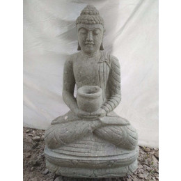 Seated buddha volcanic rock garden statue offering pose bowl 80 cm