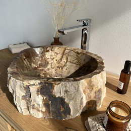 Vasque de salle de bain à poser en bois pétrifié fossilisé marron