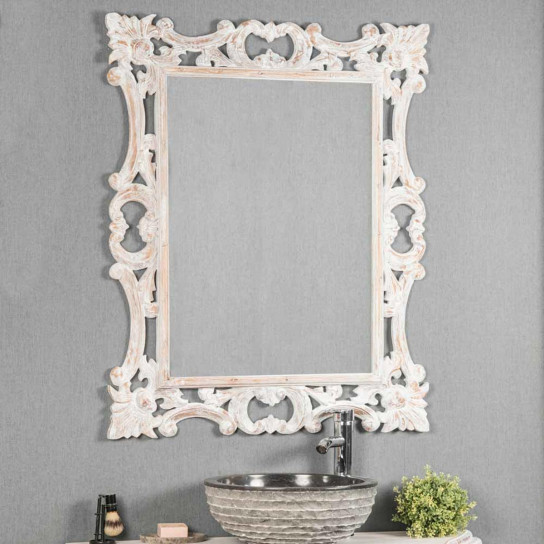 Baroque white weathered-finish wood mirror 100 x 80 cm