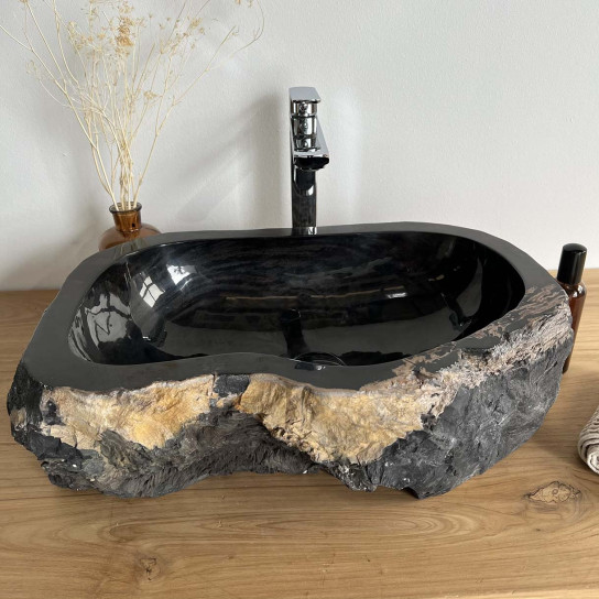 Black petrified fossil wood countertop bathroom sink