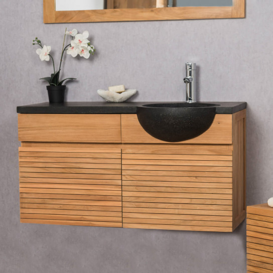 Bathroom Vanity Unit Wall Mounted Teak With Stone Sink Black 1 M - Wall Mounted Bathroom Sink Units