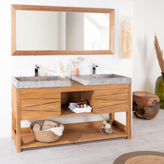Cosy solid teak double-sink vanity unit 160 cm + 2 grey sinks