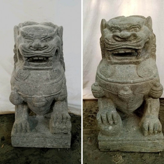 Couple chien fu foo lion statue pierre volcanique 65 cm