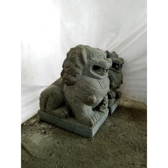 Couple chien fu foo statue pierre volcanique 60 cm
