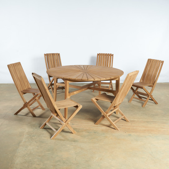 Ensemble table ronde en teck et 6 chaises pliantes