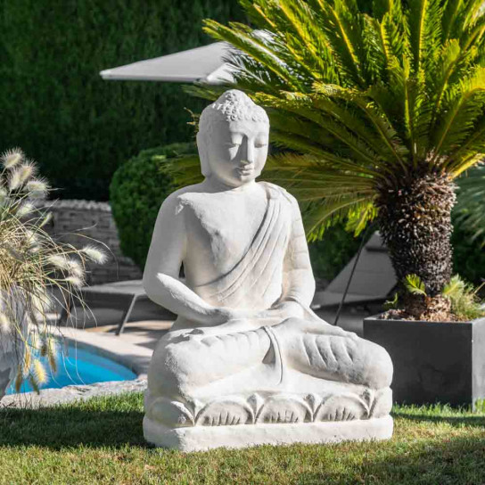 Estatua de buda sentado fibra de vidrio posición ofrenda 105cm blanco