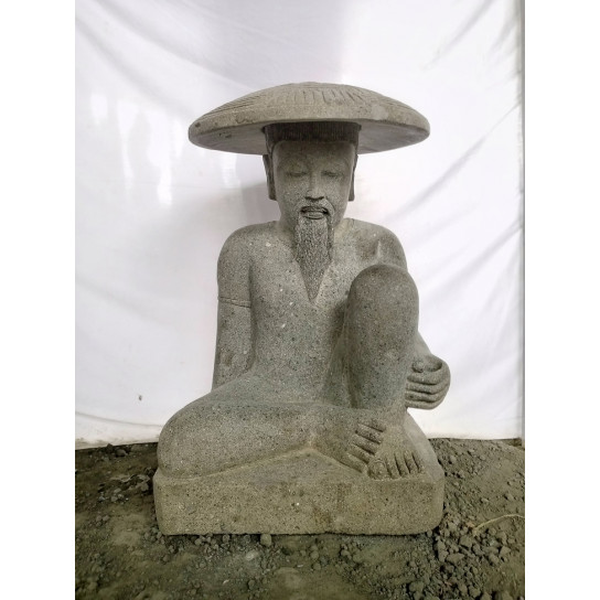 Estatua de pescador japonés de piedra volcánica 80 cm